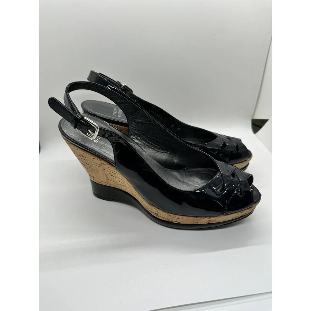 Stuart Weitzman Dolunch Patent Leather Espadrille Wedge Heel Sandals‎ Black 9M